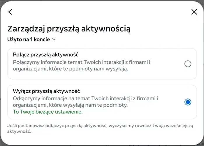 Zrzut ekranu: Usuwanie konta z Centrum Kont Meta