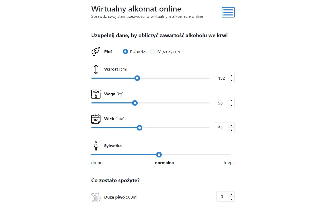 Wirtualny alkomat online pozwala obliczyć zawartość alkoholu we krwi w mg/l. Uzupełnij dane: płeć, wzrost, wagę, wiek i sylwetkę.
