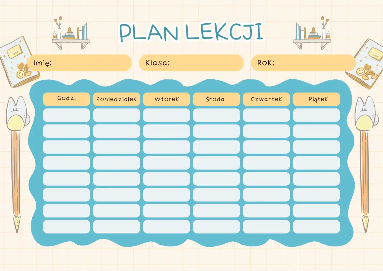 Plan lekcji dla szóstej klasy z miejscem na wpisanie przedmiotów, imienia, klasy i roku.