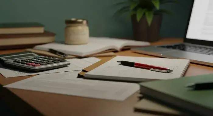 dokumenty finansowe i kalkulator na biurku