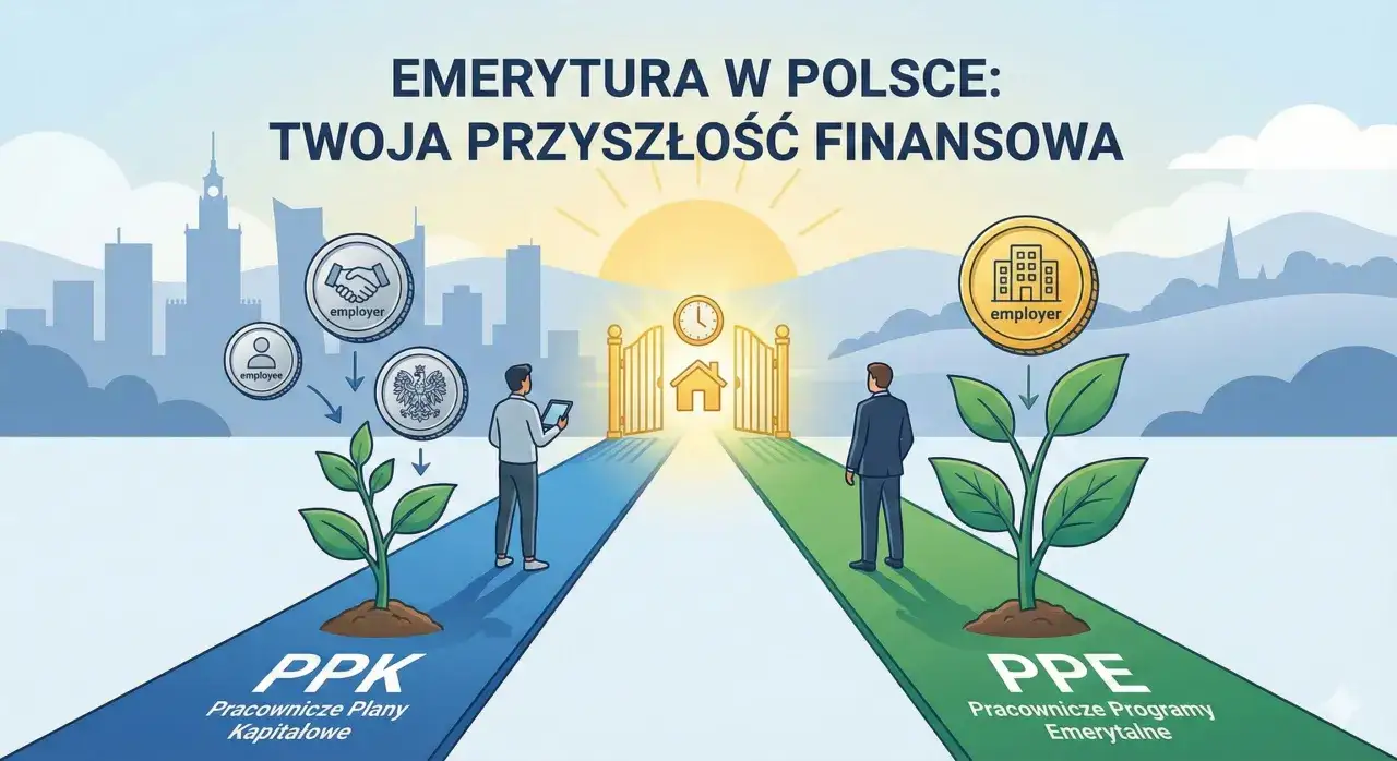 Dwie ścieżki: PPK i PPE, prowadzą do przyszłości finansowej. Na jednej rośnie drzewko, na drugiej symbolizuje je moneta z budynkami.