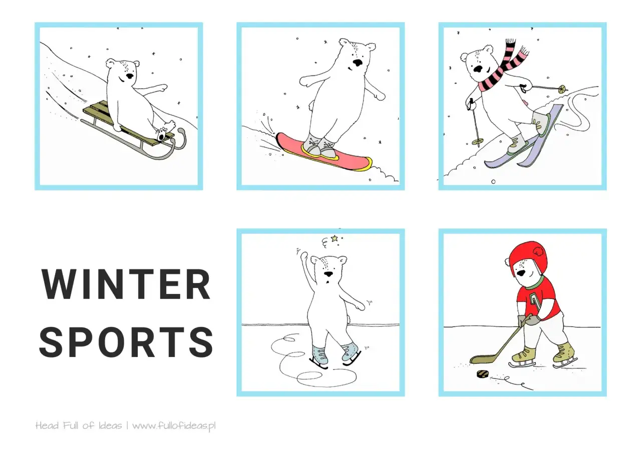 Miś na sankach, snowboardzie, nartach, łyżwach i kijach hokejowych. Ilustracje przedstawiające zimowe sporty.