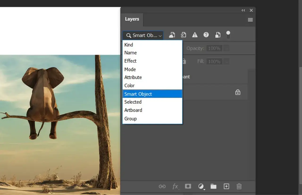 Adobe Photoshop smart object icon and layer panel