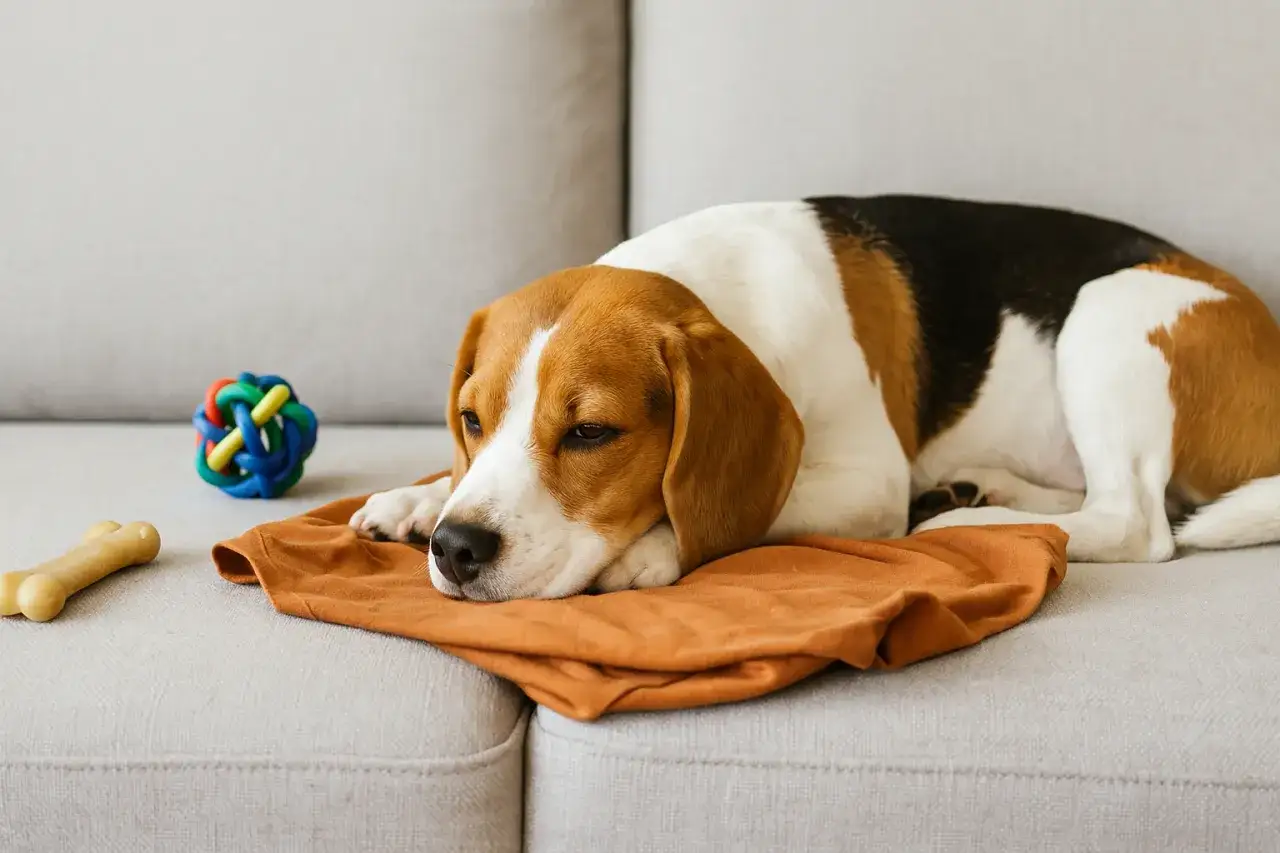 Smutny beagle leży na kanapie obok zabawek. Jak zostawić szczeniaka samego w domu? Zapewnij mu komfort i rozrywkę.