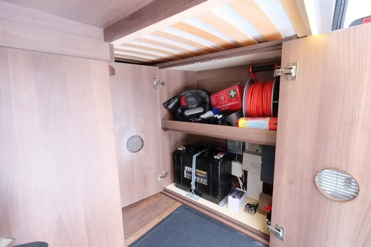 Przegląd schowka w kamperze: apteczka, kable, akumulator. To wszystko, co zabrać do kampera, by podróż była bezpieczna.