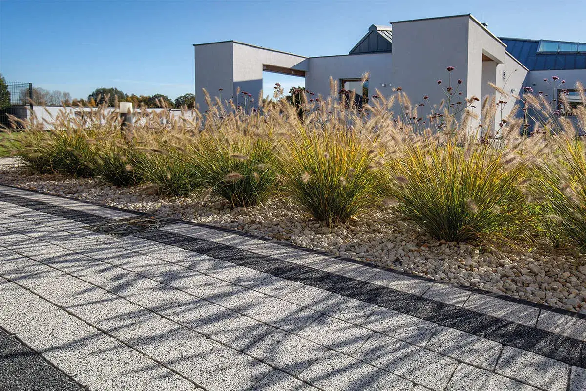 Nowoczesne układanie kostki brukowej przed minimalistycznym domem z trawami ozdobnymi.