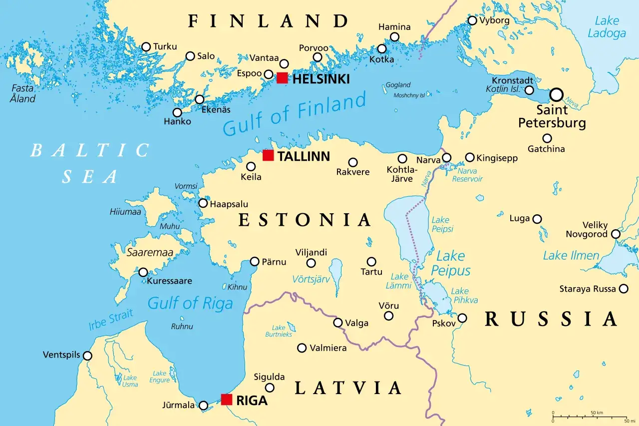 Mapa pokazuje dostęp Rosji do Morza Bałtyckiego przez Zatokę Fińską i okolice Petersburga.