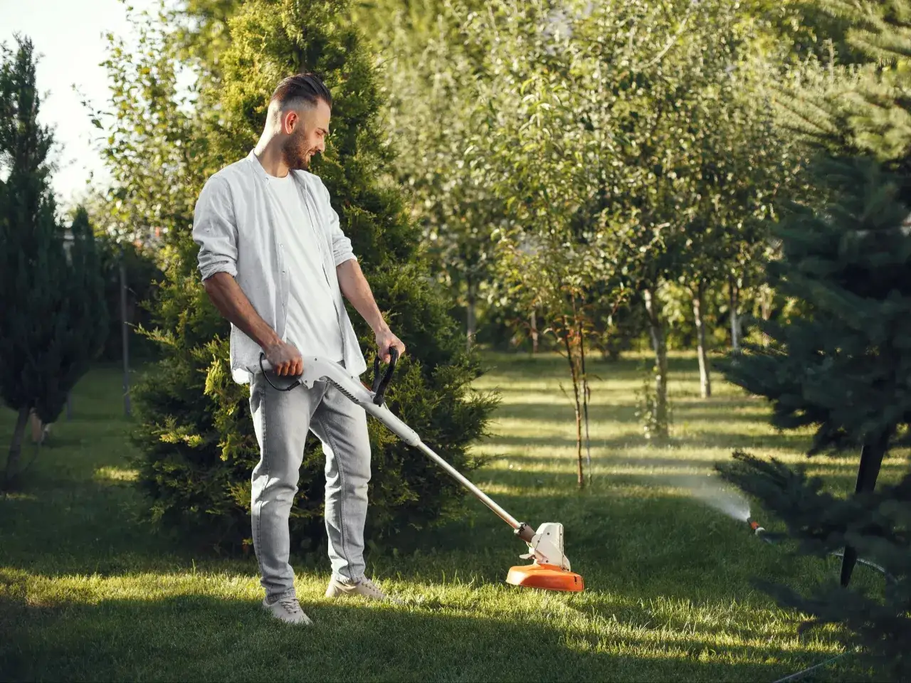 Mężczyzna z podkaszarką w ogrodzie, być może walczy ze zbyt częstym koszeniem trawy, podczas gdy w tle widać zraszacz.