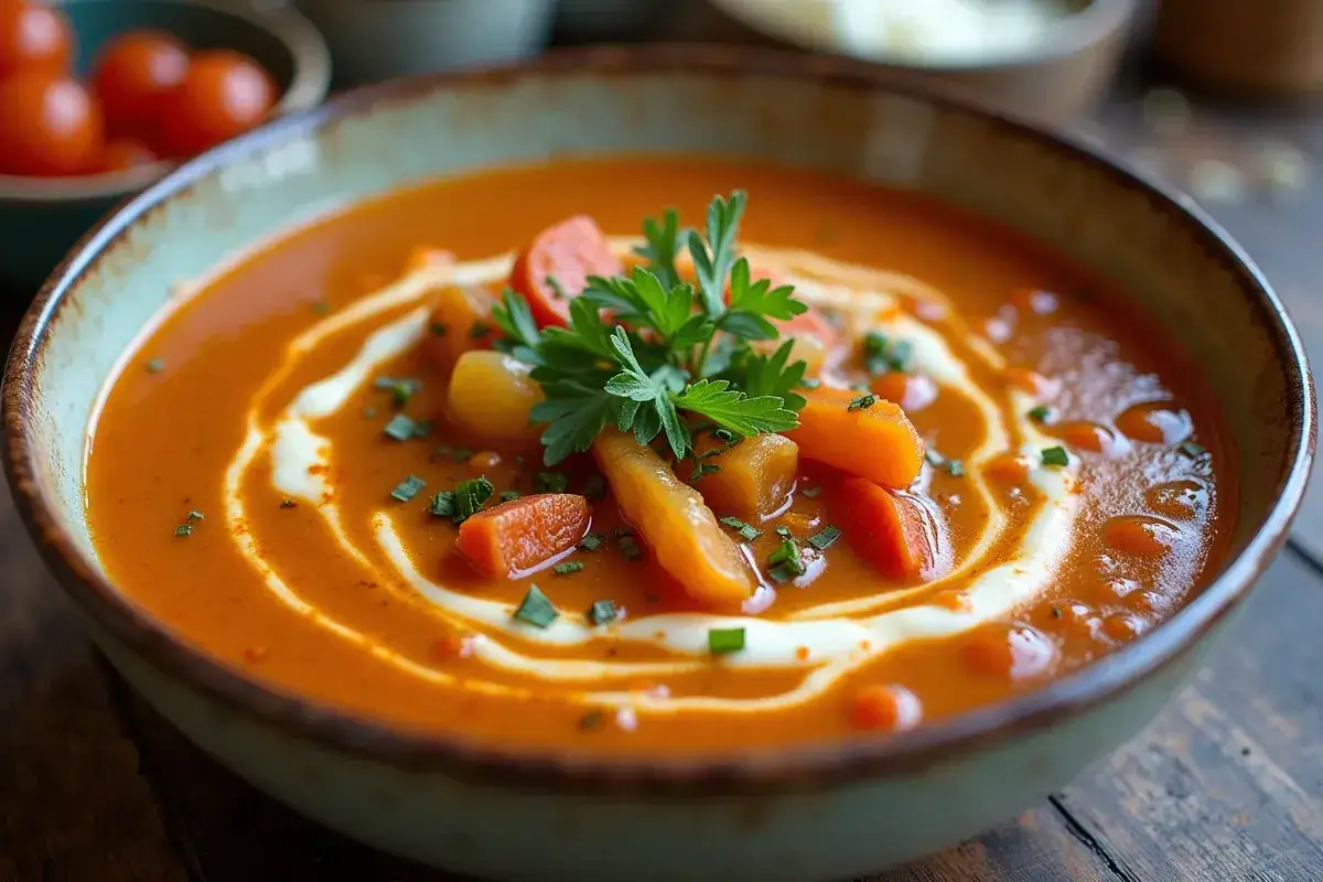 Aksamitna zupa pomidorowa z kawałkami marchewki i ziemniaków, ozdobiona śmietaną i natką pietruszki. Idealna, by zaciągnąć zupę pomidorową.