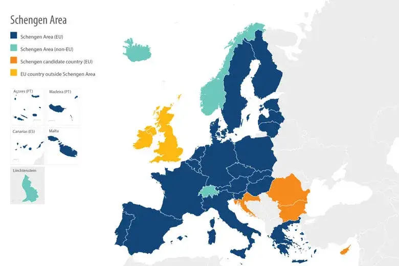 Mapa Strefy Schengen i Unii Europejskiej