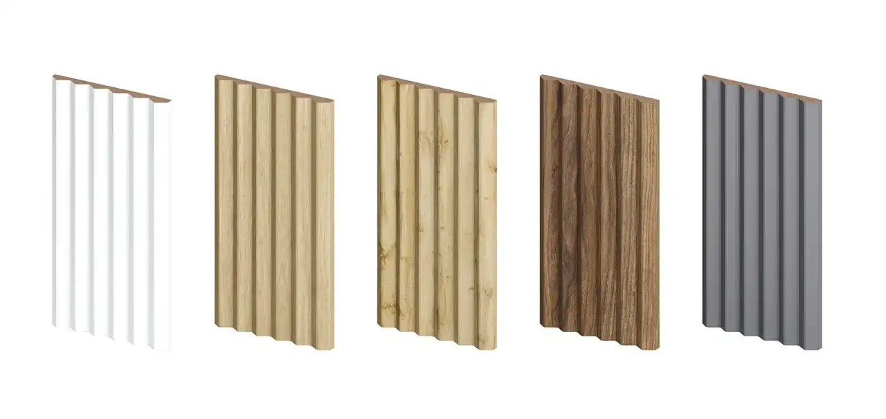 Pięć paneli ściennych: biały, jasne drewno, ciemne drewno, szary. Idealne co zamiast lameli na ścianę.