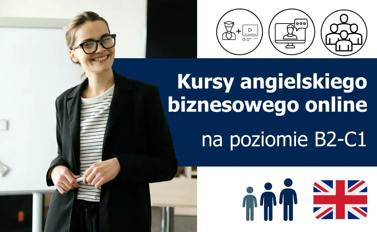 Uśmiechnięta kobieta w okularach zaprasza na kursy business english online na poziomie B2-C1. Ikony symbolizują naukę i wsp&oacute;łpracę.