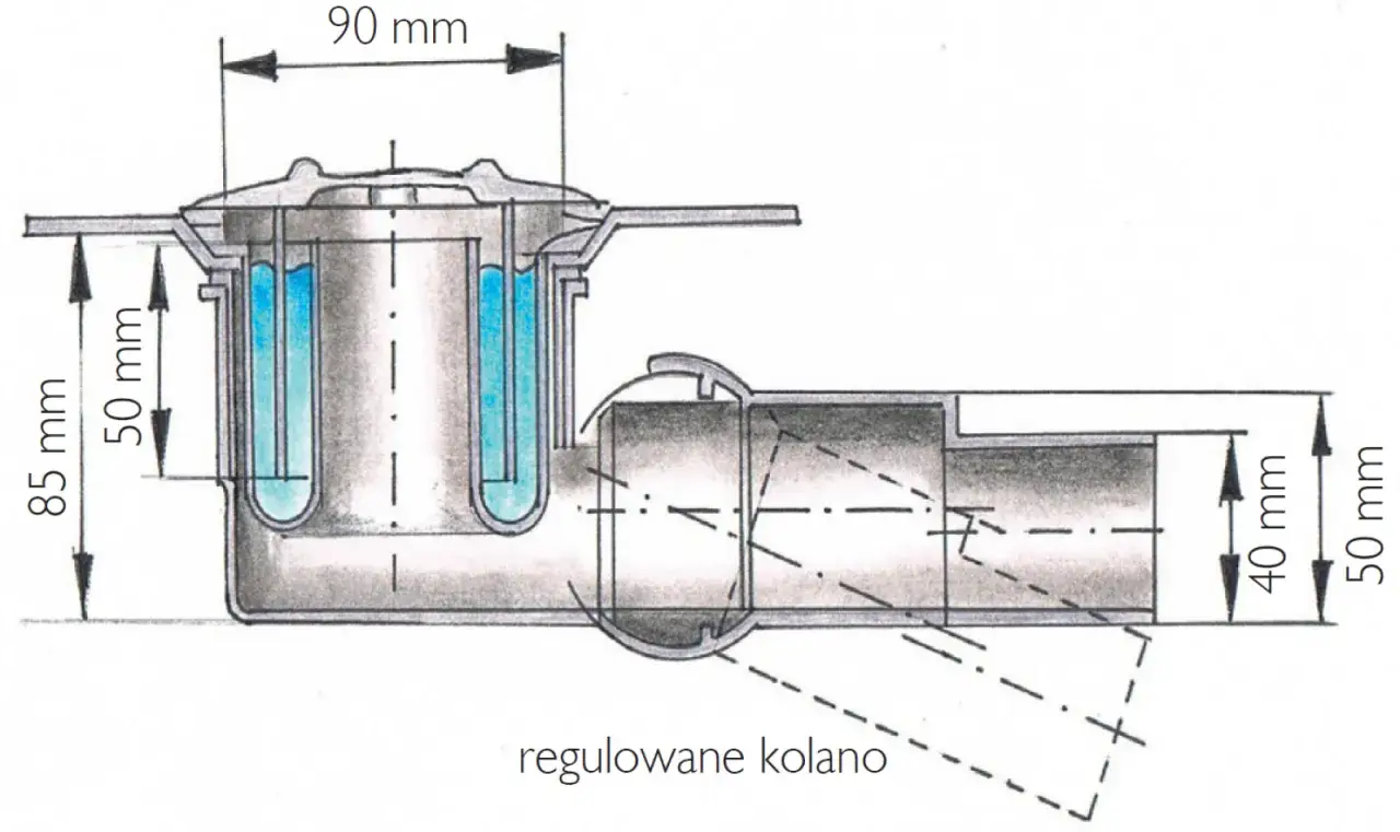 Schemat syfonu z regulowanym kolanem, idealny do podejścia pod zlew. Wymiary: 85 mm, 50 mm, 90 mm, 40 mm.