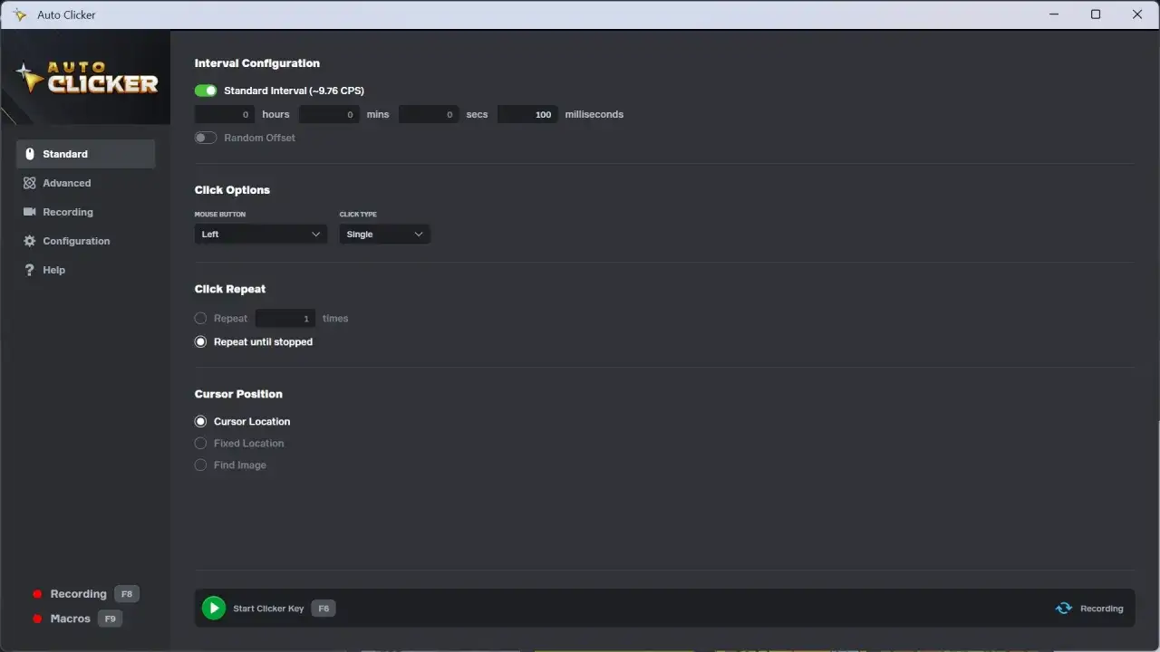 Ustawienia programu gs auto clicker: interwał, typ kliknięcia (pojedyncze), powt&oacute;rzenia (do zatrzymania) i pozycję kursora.
