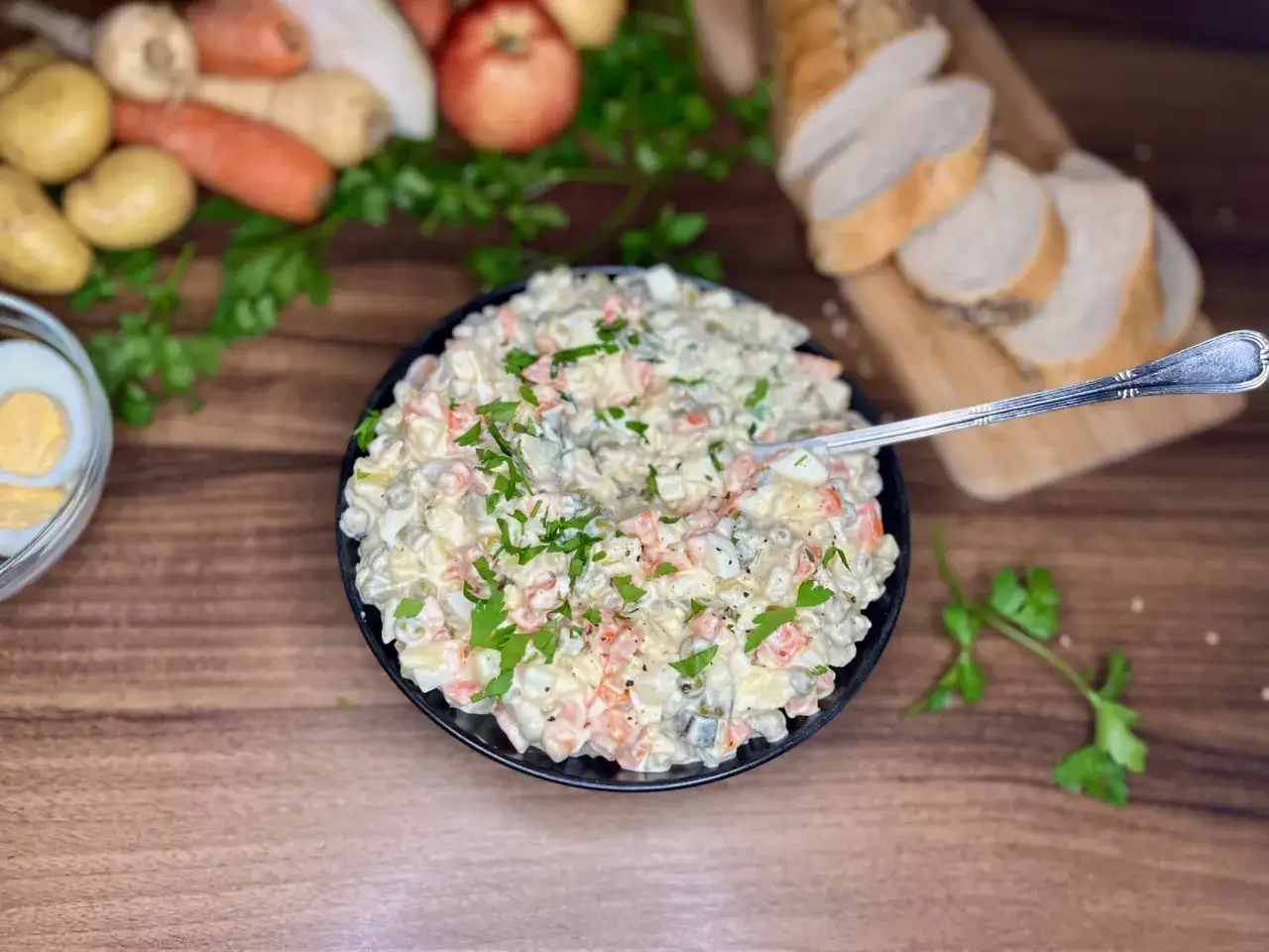 Pyszna sałatka jarzynowa, jedna z 4 wypr&oacute;bowanych sałatek, gotowa do podania z pieczywem.