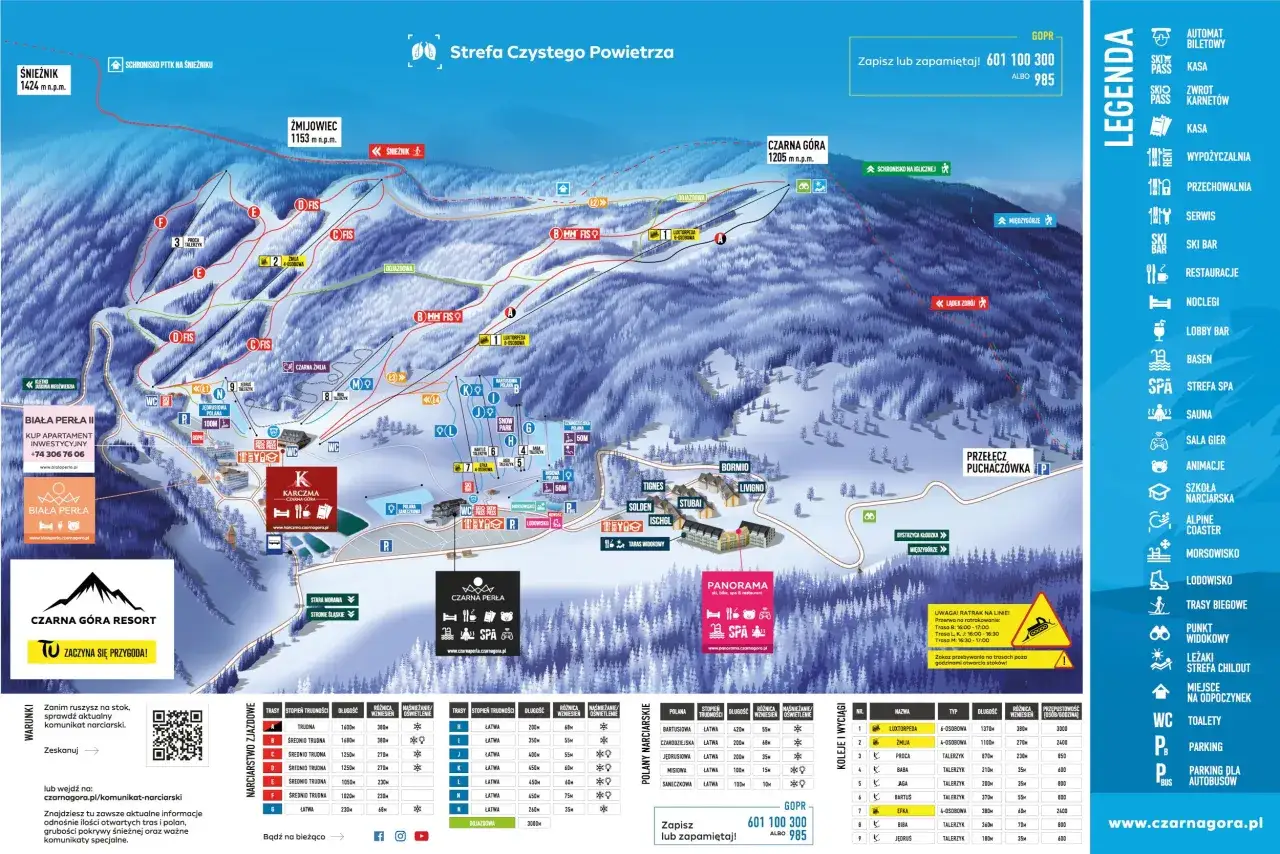 Mapa ośrodka Czarna Góra. Znajdziesz tu trasy narciarskie, wyciągi i atrakcje, idealne do nauki jazdy na snowboardzie.