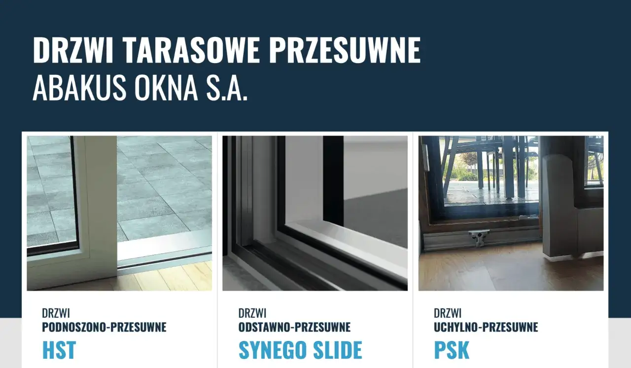Trzy rodzaje drzwi tarasowych: podnoszono-przesuwne HST, odstawno-przesuwne Synego Slide i uchylno-przesuwne PSK.