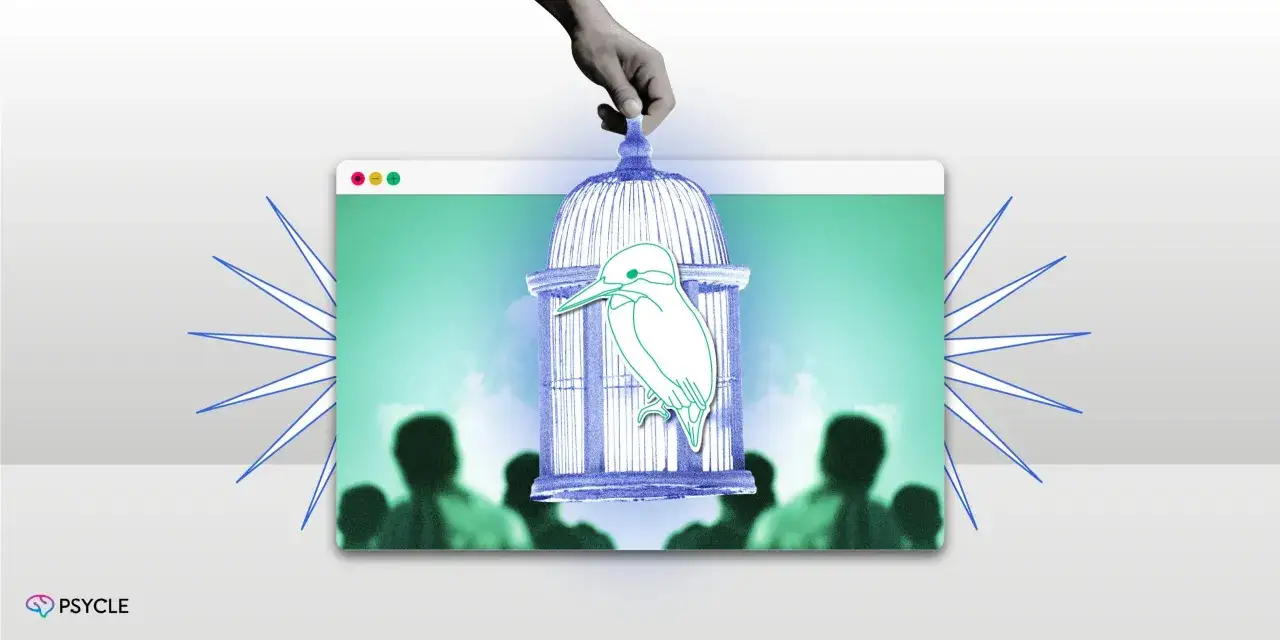 Uwolnij się od toksycznych znajomych. Ptak w klatce, symbolizujący uwięzienie, jest podnoszony nad grupą ludzi.