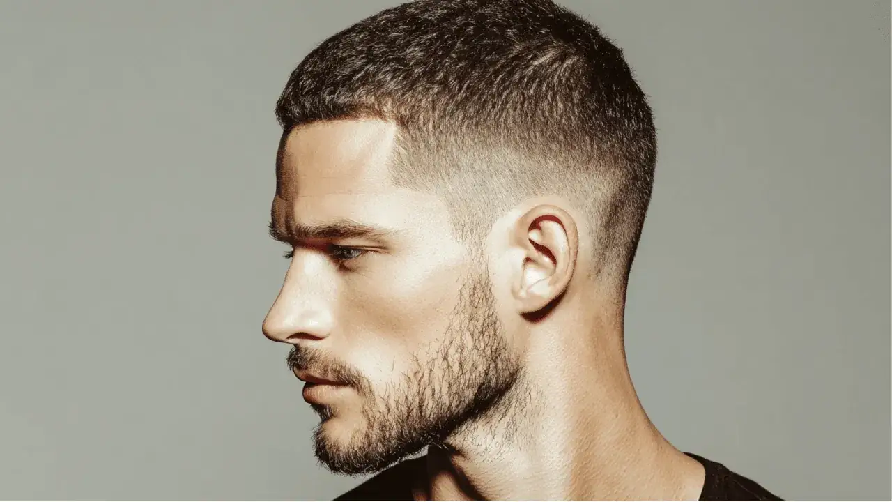 Mężczyzna z kr&oacute;tką fryzurą buzz cut i kilkudniowym zarostem, patrzący w bok.