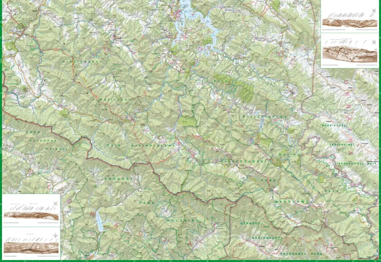 Mapa Bieszczad&oacute;w i okolic, ukazująca szlaki, drogi i granice park&oacute;w narodowych. Widać tu Solinę i jakie g&oacute;ry otaczają ten region.