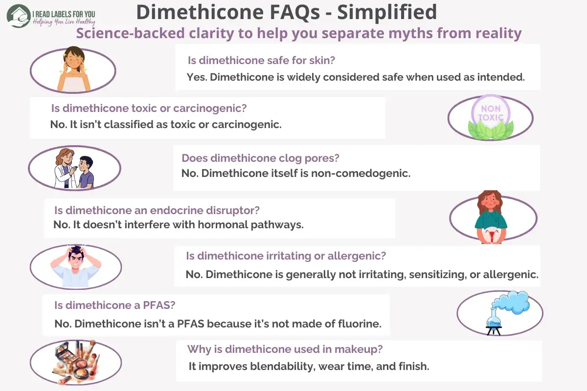 Dimethicone co to? FAQ: bezpieczny, nietoksyczny, nie zatyka por&oacute;w, nie jest disruptorem hormonalnym ani PFAS. Używany w makijażu dla lepszej aplikacji.
