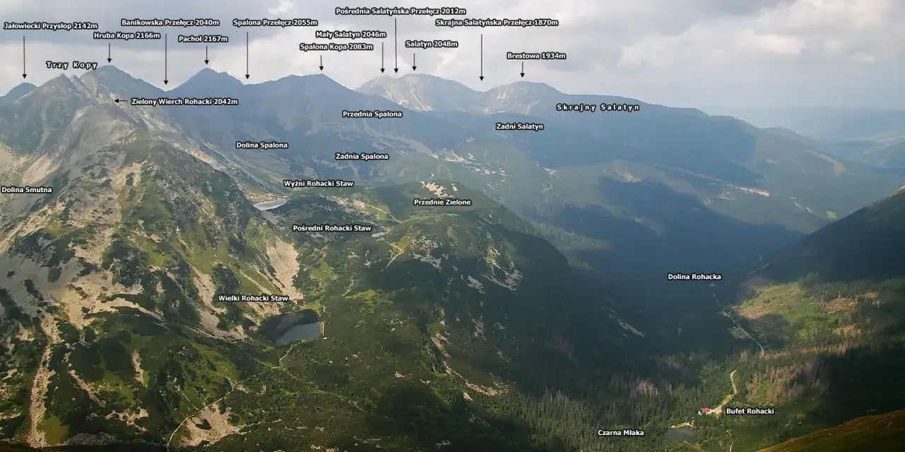Widok na Tatry Zachodnie z zaznaczonymi szczytami i dolinami, w tym dolina wyżnia chochołowska. Widać stawy Rohackie i lasy.