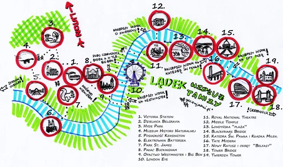 Mapa dzielnic Londynu z atrakcjami turystycznymi i strefami komunikacyjnymi