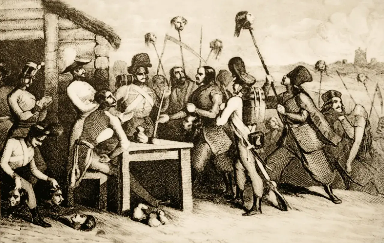 Scena przypomina makabryczne wesele po rabacji galicyjskiej. Ludzie z kosami i głowami na kijach.