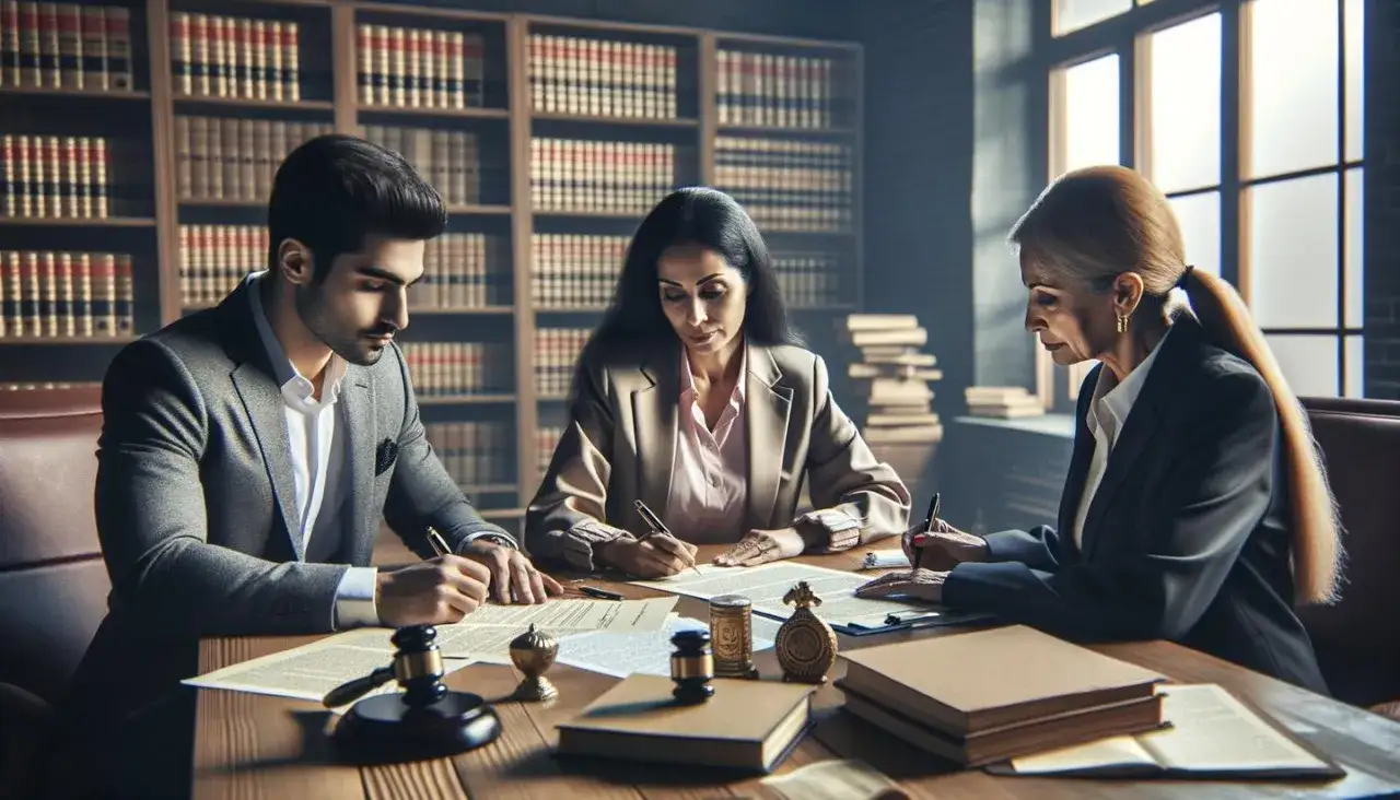 Trzy osoby przy biurku podpisują dokumenty. Pytanie: ile kosztuje podpisanie rozdzielności majątkowej u notariusza?