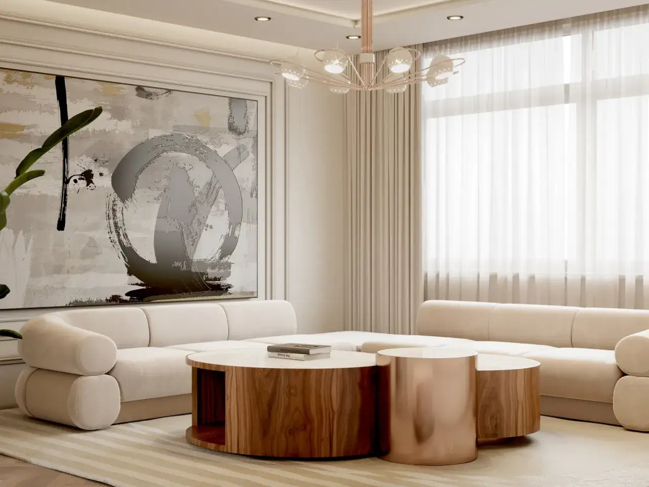 Nowoczesny salon z beżową sofą i stolikami kawowymi. Jak ozdobić ścianę w pokoju? Abstrakcyjny obraz dodaje elegancji.