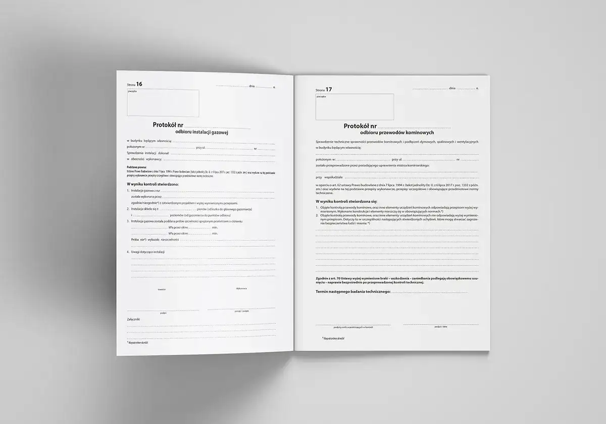 Przykładowe wpisy do dziennika budowy: protokoły odbioru instalacji gazowej i przewodów kominowych, zawierające wyniki kontroli i uwagi.