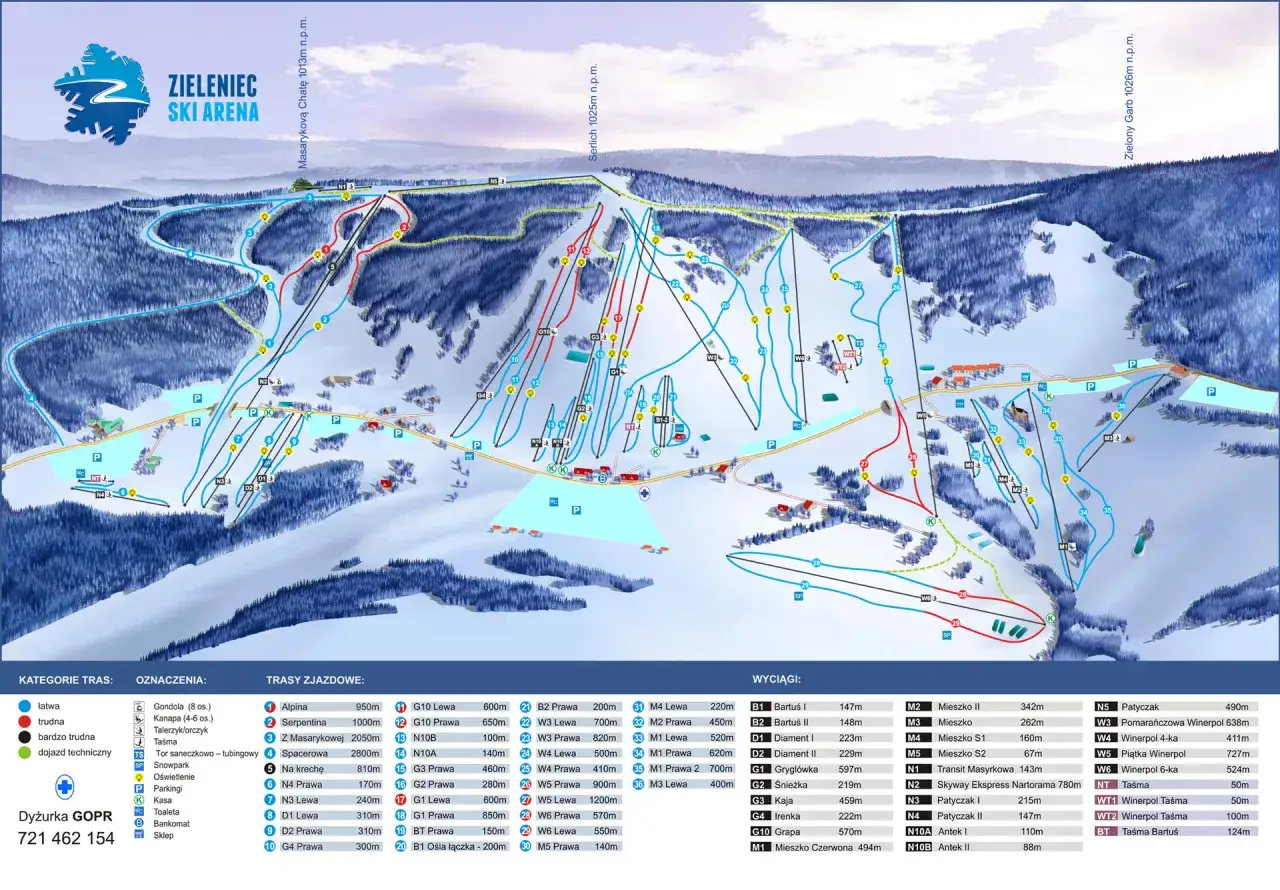Mapa ośrodka Zieleniec Ski Arena z trasami narciarskimi, wyciągami i infrastrukturą. Doskonałe zieleniec warunki narciarskie dla każdego.