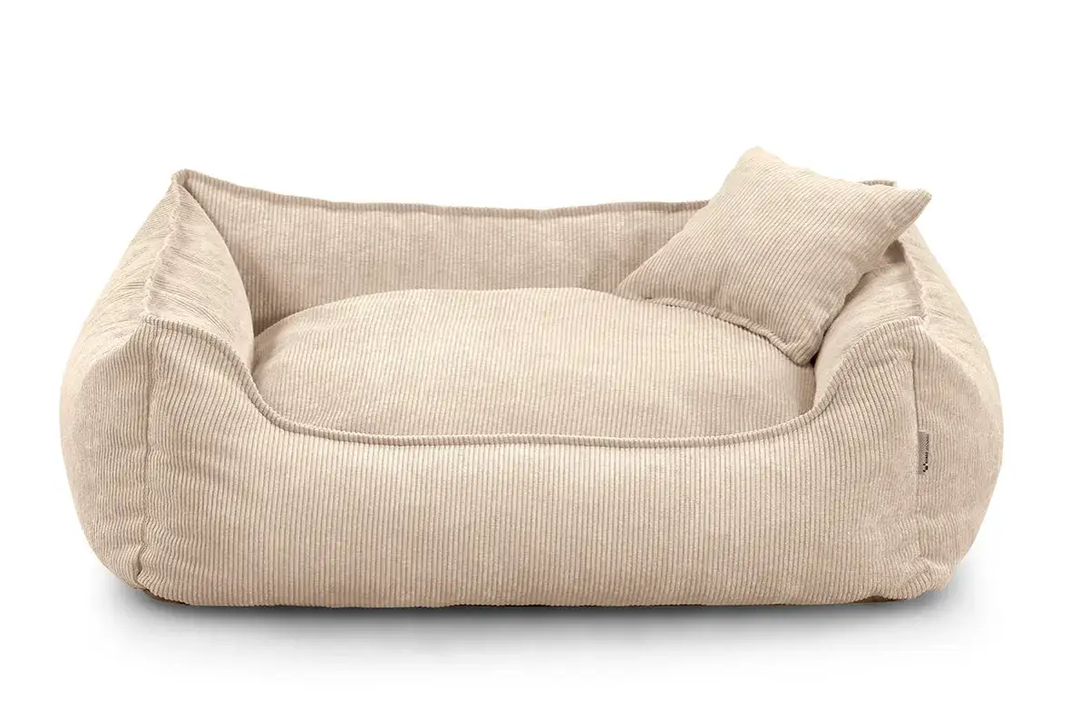 Miękkie, beżowe legowisko dla psa, kt&oacute;re można prać, z małą poduszką. Idealne dla Twojego pupila.