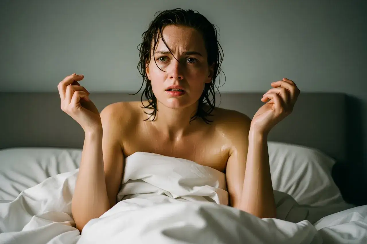 Zaniepokojona kobieta w ł&oacute;żku, z mokrymi włosami i spoconym ciałem, doświadcza nocnego pocenia się bez gorączki.