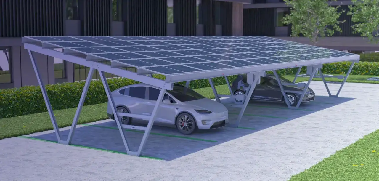 Nowoczesne wiaty garażowe z panelami fotowoltaicznymi chronią dwa samochody, oferując czystą energię.