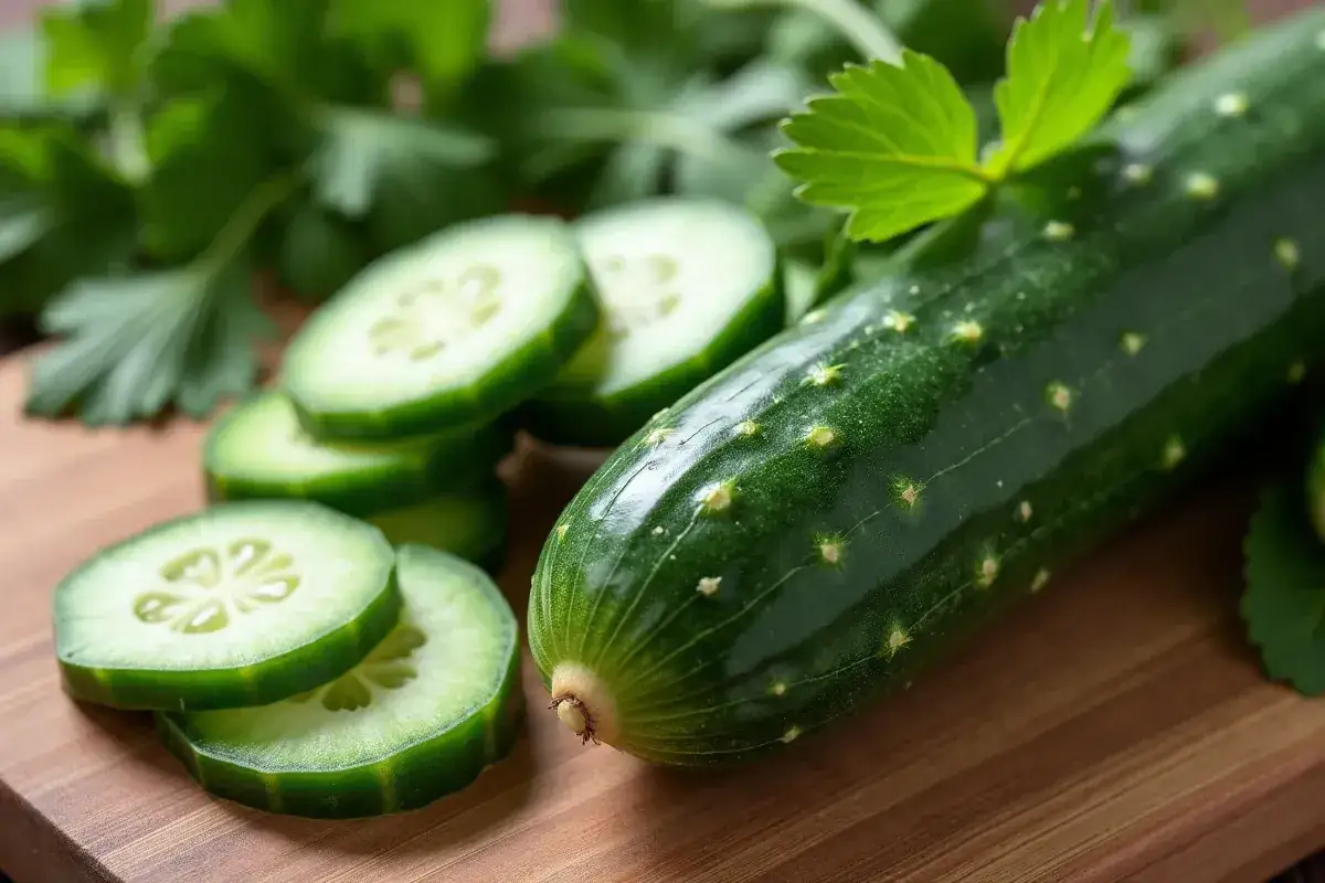 Świeży og&oacute;rek, pokrojony w plastry, leży obok całego owocu. Czy to og&oacute;rek owoc czy warzywo? Zielone liście dodają świeżości.