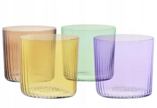 Szkło ryflowane, kolorowe szklanki, szklanki ze złotymi zdobieniami