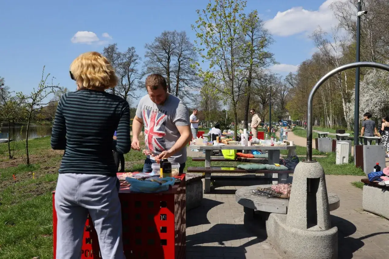 Ludzie cieszą się wiosennym dniem, przygotowując jedzenie gdzie na grilla. Słońce świeci, a park tętni życiem.