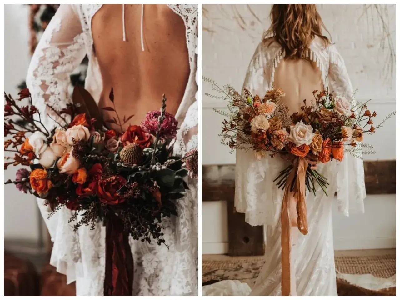 Jesienny bukiet ślubny w odcieniach czerwieni i pomarańczy, idealny na październikową ceremonię.