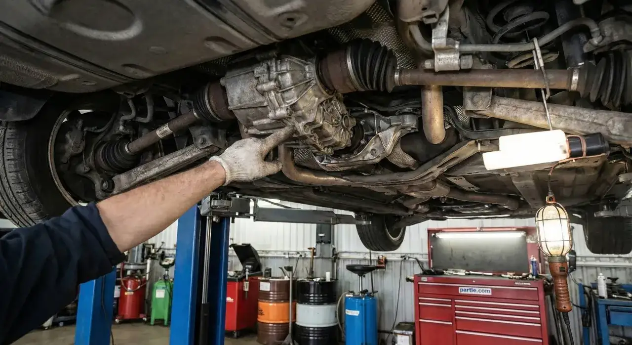Mechanik wskazuje na skrzynię rozdzielczą w Mercedesie z napędem 4matic. Podniesiony samochód w warsztacie.
