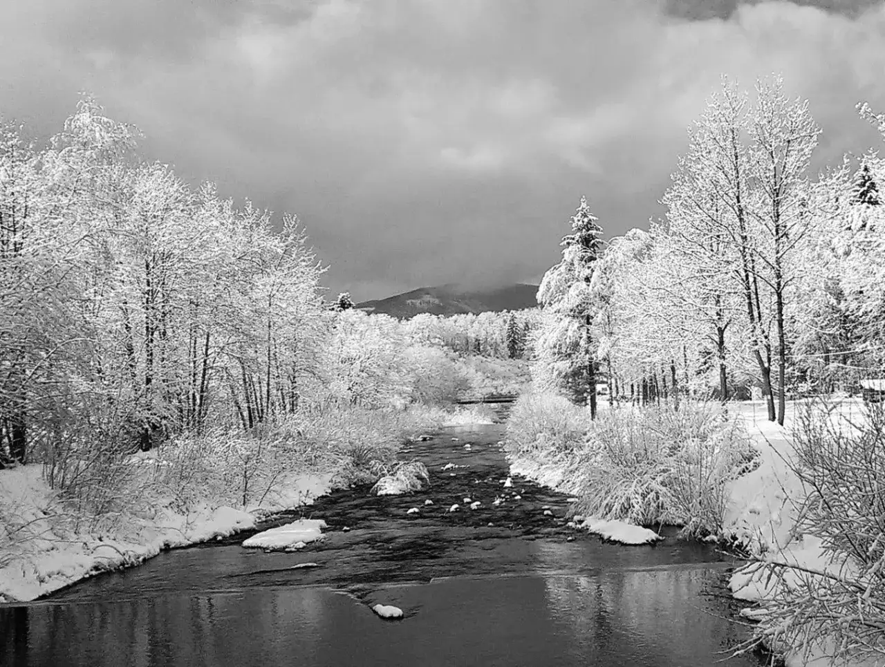 Zimowy krajobraz z rzeką i ośnieżonymi drzewami. Idealne miejsce, by pomyśleć, co zabrać w góry zimą.