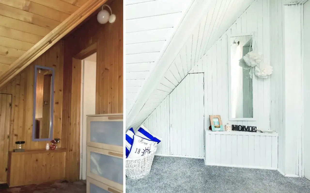 Przemiana poddasza: z ciepłej boazerii na jasne, przestronne wnętrze.