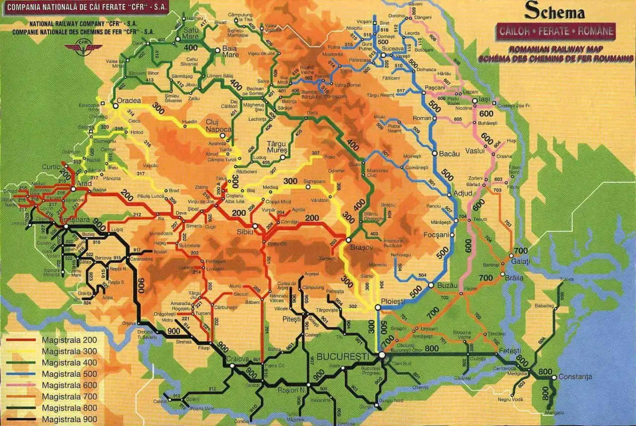 Mapa kolejowa Rumunii z zaznaczonymi trasami, w tym pociąg do Bukaresztu.