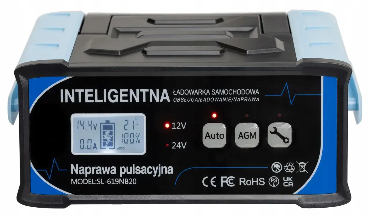 Inteligentna ładowarka samochodowa z funkcją naprawy pulsacyjnej. Pozwala ładować akumulator w samochodzie bez zdejmowania klem.