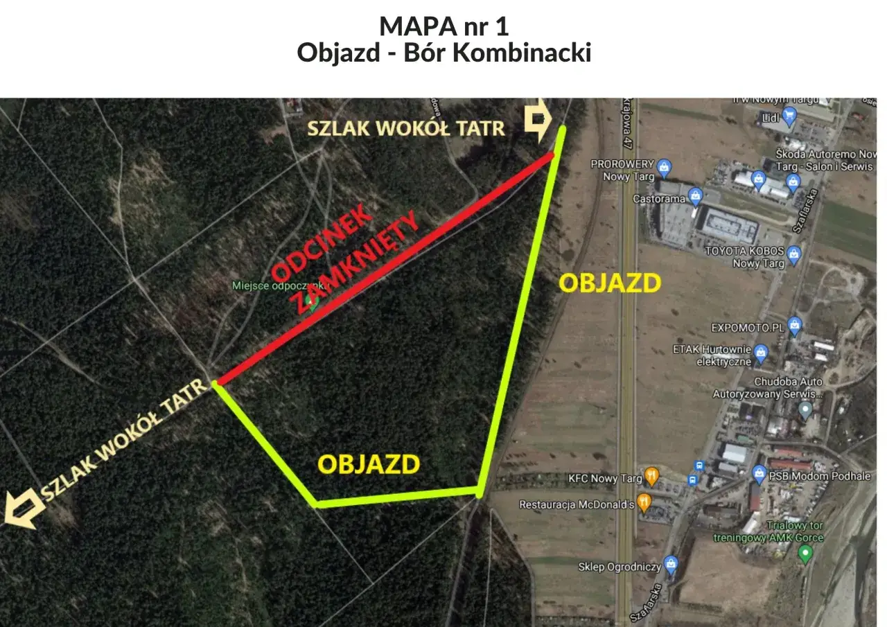 Mapa objazdu wokół Tatr. Zamknięty odcinek szlaku historyczno kulturowo przyrodniczego.