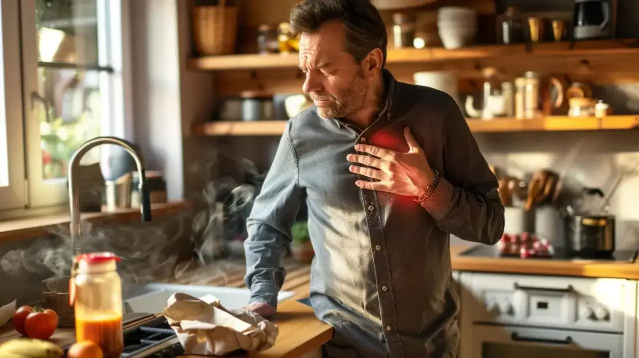 Mężczyzna w kuchni trzyma się za klatkę piersiową, szukając czegoś na zgagę.