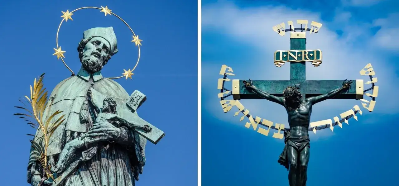 Posąg św. Jana Nepomucena i krucysfiks na Moście Karola w Pradze.