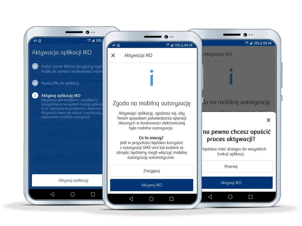 Trzy ekrany smartfonów pokazują proces aktywacji aplikacji IKO. Widzimy kroki: podanie danych, nadanie PIN-u i aktywację aplikacji.