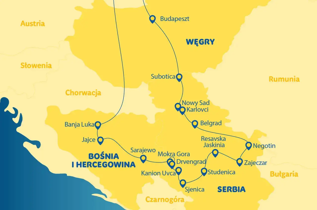 Mapa szlaku turystycznego przez Serbię i kraje sąsiednie, ukazująca 7 cud&oacute;w Serbii.