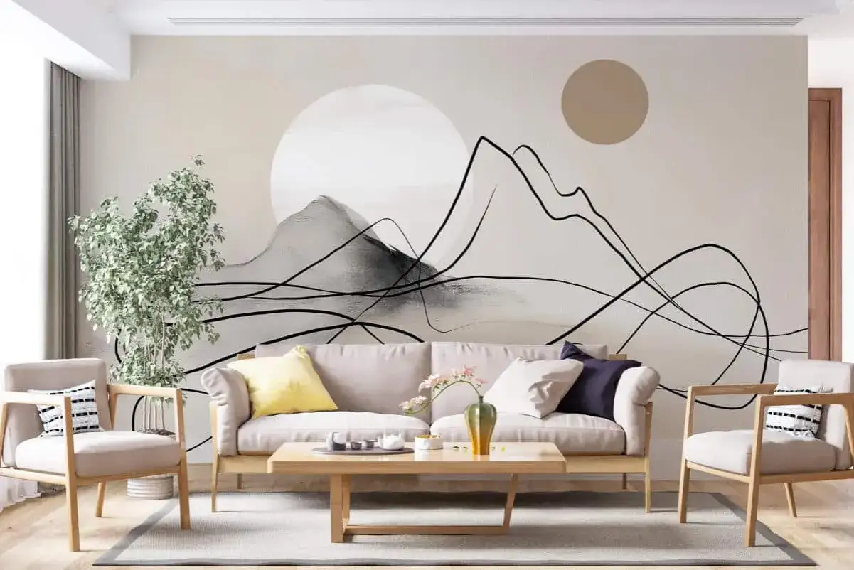 Minimalistyczna fototapeta z górami i słońcem. Idealna do nowoczesnego salonu, jeśli szukasz inspiracji, jaka fototapeta najlepsza.